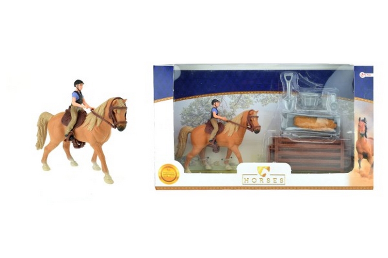 Set cheval + jockey avec accessoires ferme plastique dans boîte 34x19x5cm