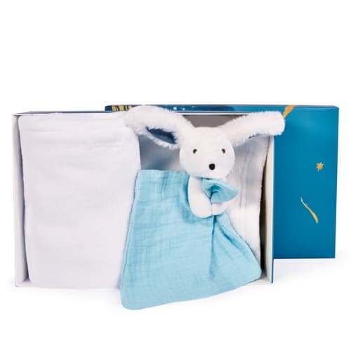 Set de regalo Doudou Happy Rabbit manta y saco de dormir azul