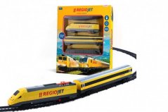 Żółty pociąg RegioJet z szynami 18szt plastikowy z dźwiękiem i światłem w pudełku 38x43x6cm