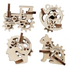 Ugears Casse-tête mécanique en bois 3D 4 pendentifs mécaniques Symboles de caractères