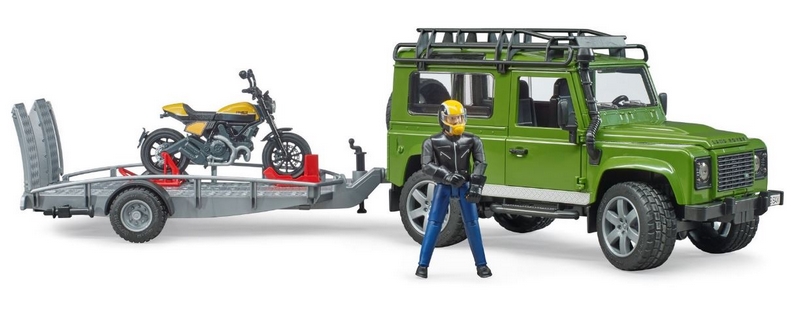 Bruder 2589 Land Rover con remolque, moto y figura