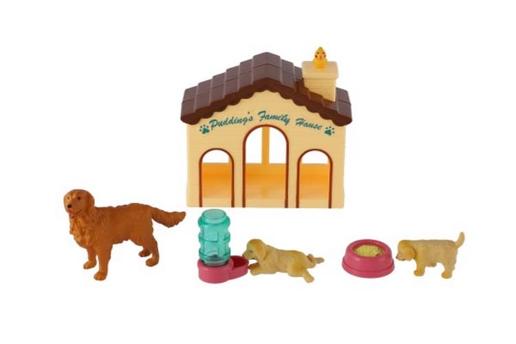 Cățeluși/Câini 3pcs cu casă/boudou plastic cu accesorii pe carton 15x25x5cm