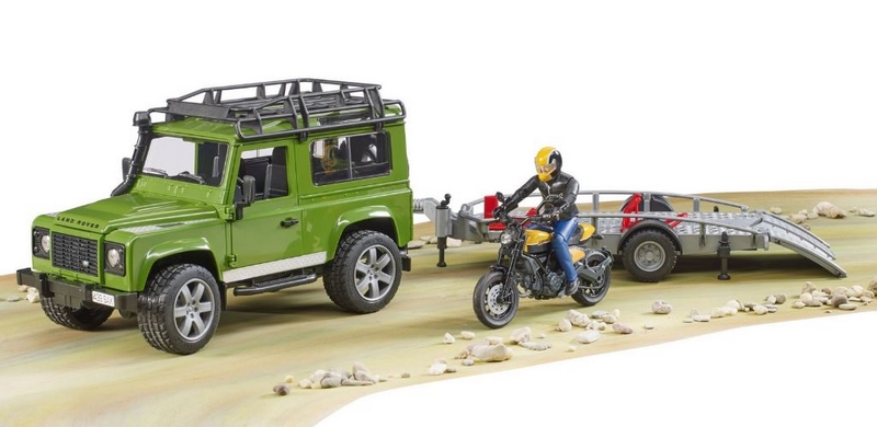 Bruder 2589 Land Rover z przyczepą, motocyklem i figurką