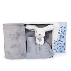 Doudou Happy Rabbit set de cadou pătură și snood albastru-cenușiu